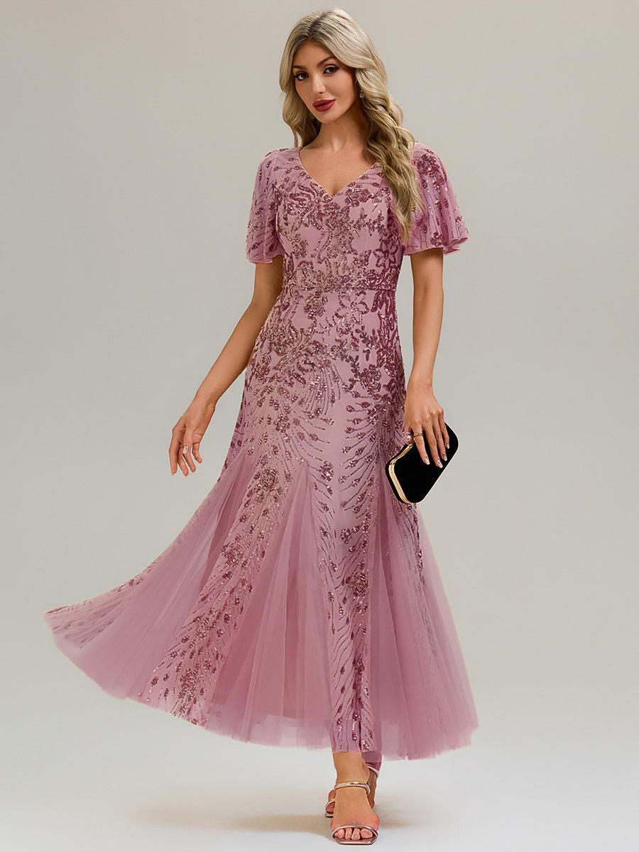 Embroidered Sequin Ruffle Sleeve Evening Dress