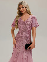 Embroidered Sequin Ruffle Sleeve Evening Dress