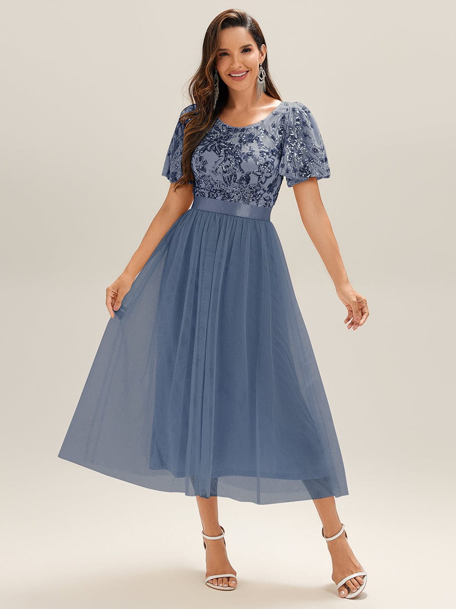 Round Neck Sequin Tulle Midi Evening Dress