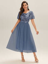 Round Neck Sequin Tulle Midi Evening Dress