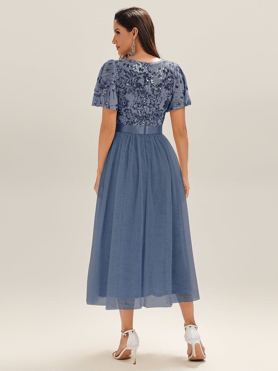 Round Neck Sequin Tulle Midi Evening Dress
