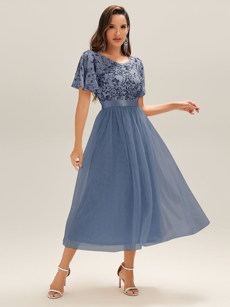 Round Neck Sequin Tulle Midi Evening Dress