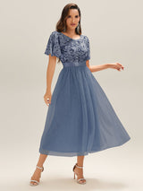 Round Neck Sequin Tulle Midi Evening Dress