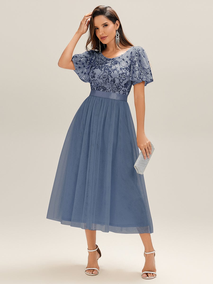 Round Neck Sequin Tulle Midi Evening Dress