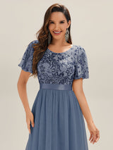 Round Neck Sequin Tulle Midi Evening Dress