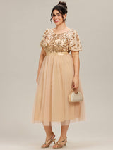 Round Neck Sequin Tulle Midi Evening Dress