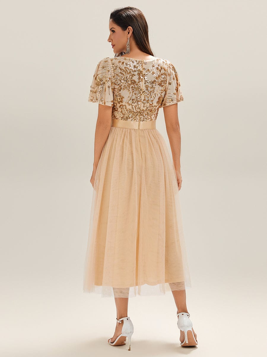 Round Neck Sequin Tulle Midi Evening Dress