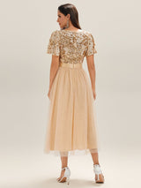 Round Neck Sequin Tulle Midi Evening Dress