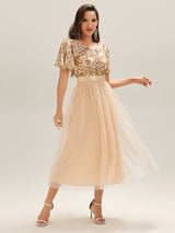 Round Neck Sequin Tulle Midi Evening Dress