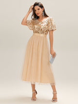 Round Neck Sequin Tulle Midi Evening Dress
