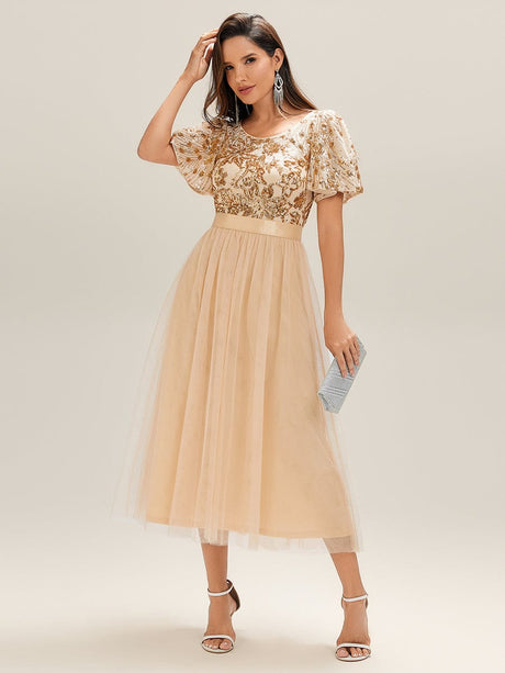 Round Neck Sequin Tulle Midi Evening Dress