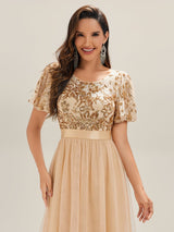 Round Neck Sequin Tulle Midi Evening Dress
