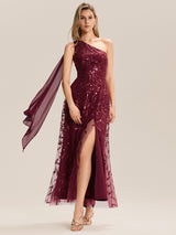 Flowing Ribbons One Shoulder Sequin Guest Dress