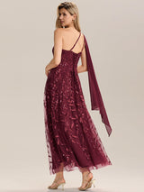 Flowing Ribbons One Shoulder Sequin Guest Dress