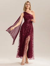 Flowing Ribbons One Shoulder Sequin Guest Dress