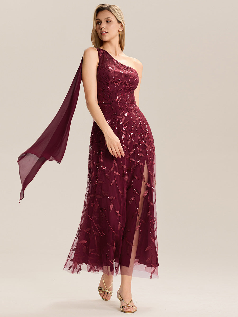 Flowing Ribbons One Shoulder Sequin Guest Dress