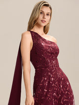 Flowing Ribbons One Shoulder Sequin Guest Dress