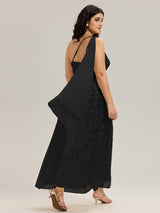 Flowing Ribbons One Shoulder Sequin Guest Dress