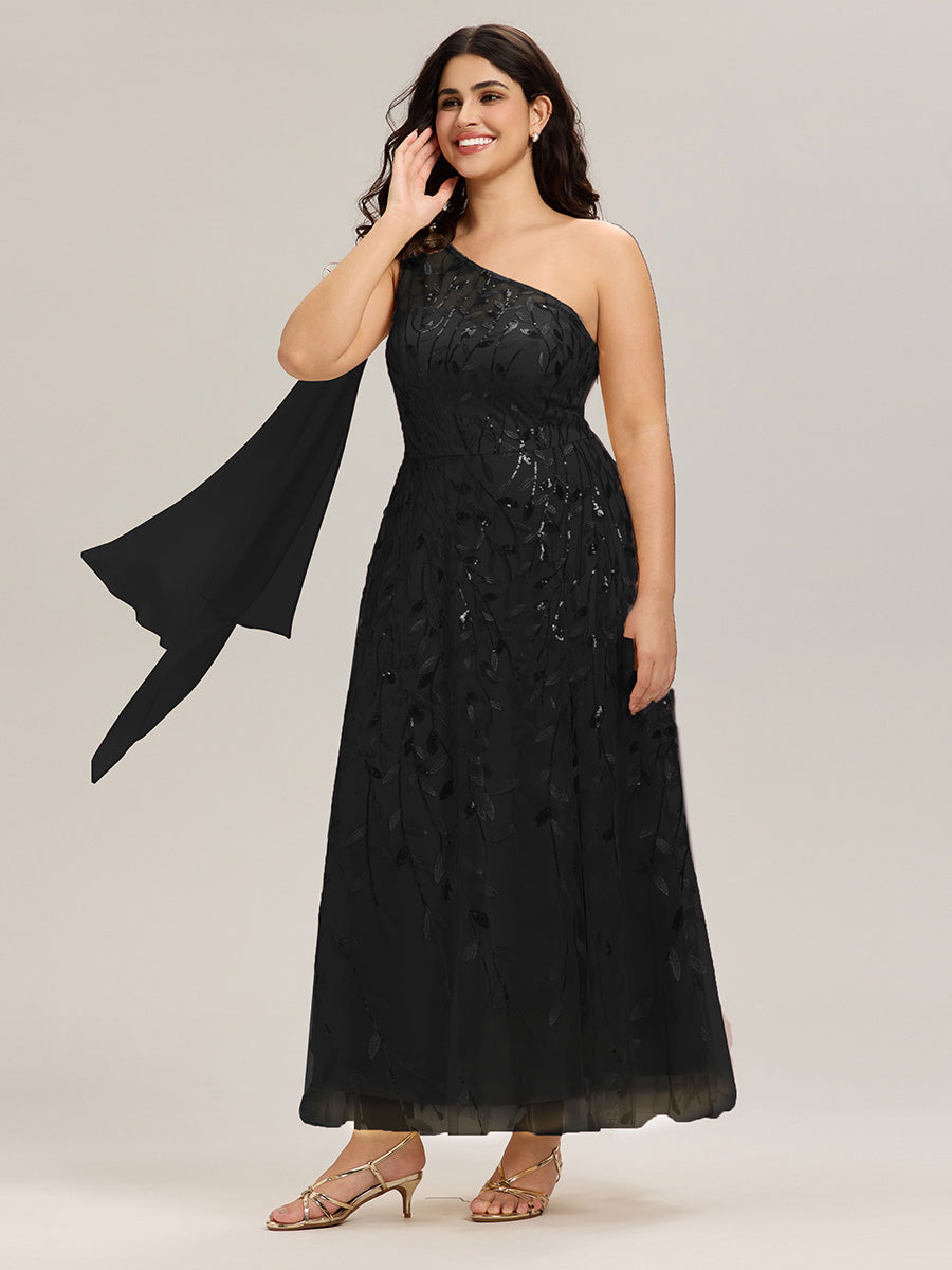 Flowing Ribbons One Shoulder Sequin Guest Dress