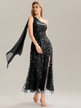 Flowing Ribbons One Shoulder Sequin Guest Dress