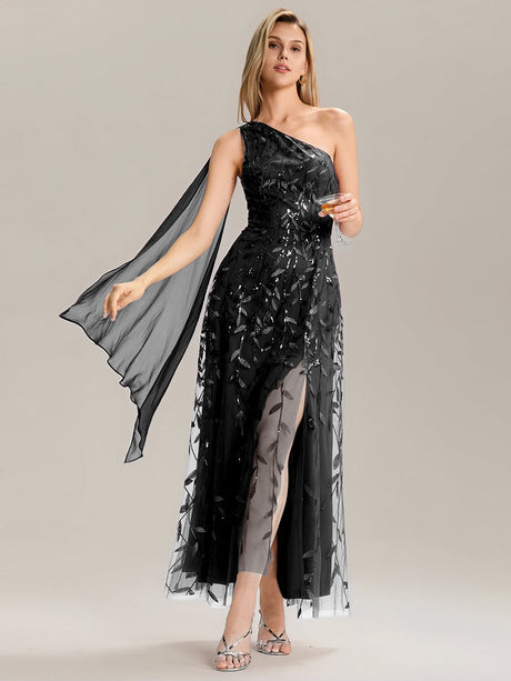 Flowing Ribbons One Shoulder Sequin Guest Dress