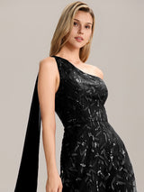 Flowing Ribbons One Shoulder Sequin Guest Dress