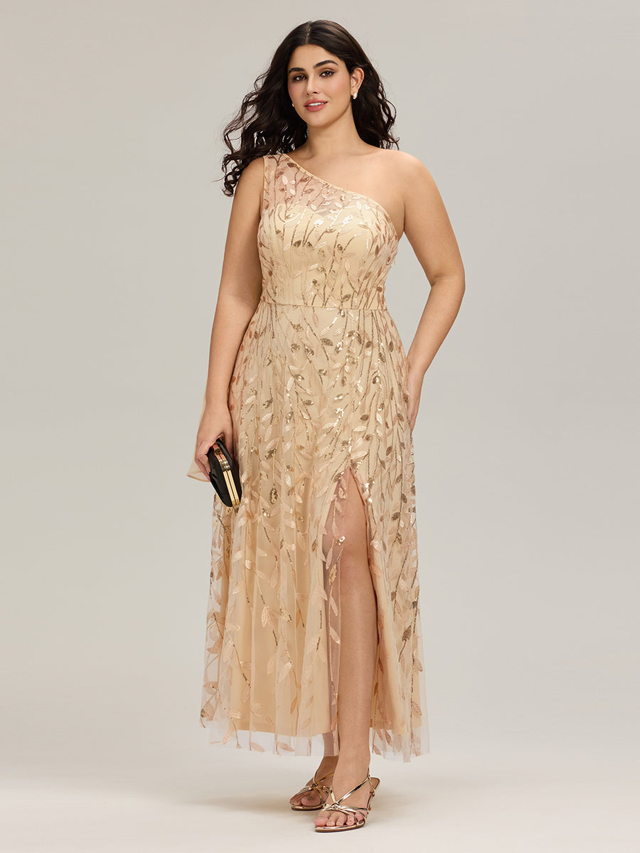 Flowing Ribbons One Shoulder Sequin Guest Dress