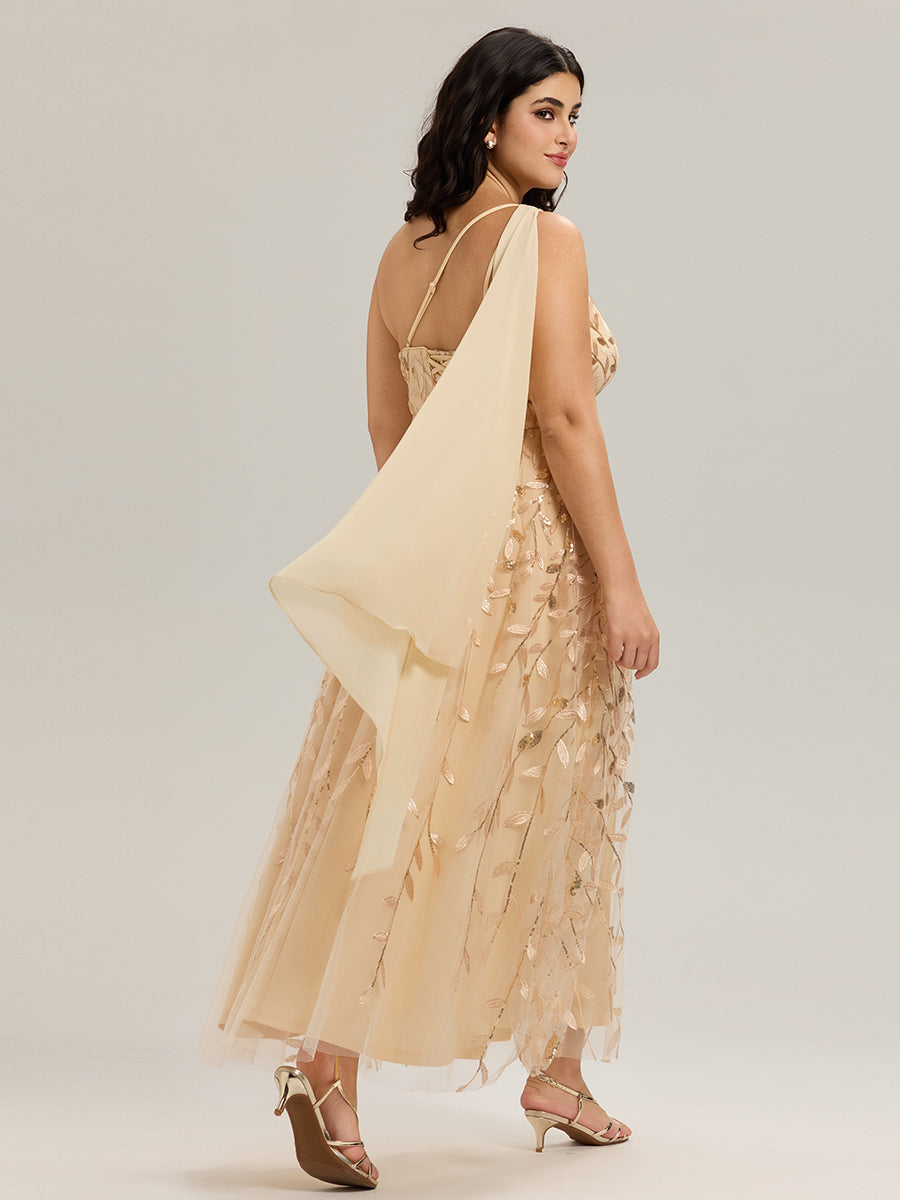 Flowing Ribbons One Shoulder Sequin Guest Dress