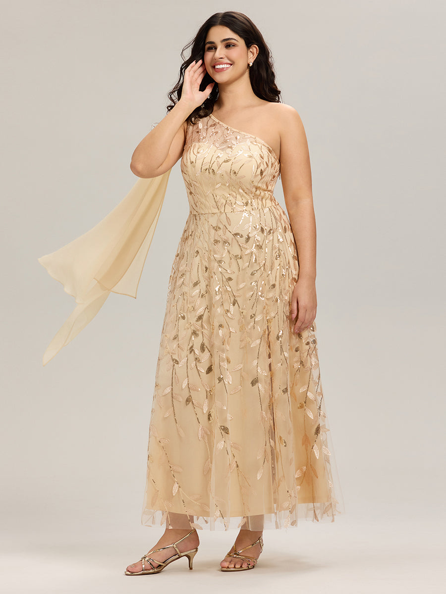 Flowing Ribbons One Shoulder Sequin Guest Dress
