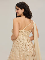 Flowing Ribbons One Shoulder Sequin Guest Dress