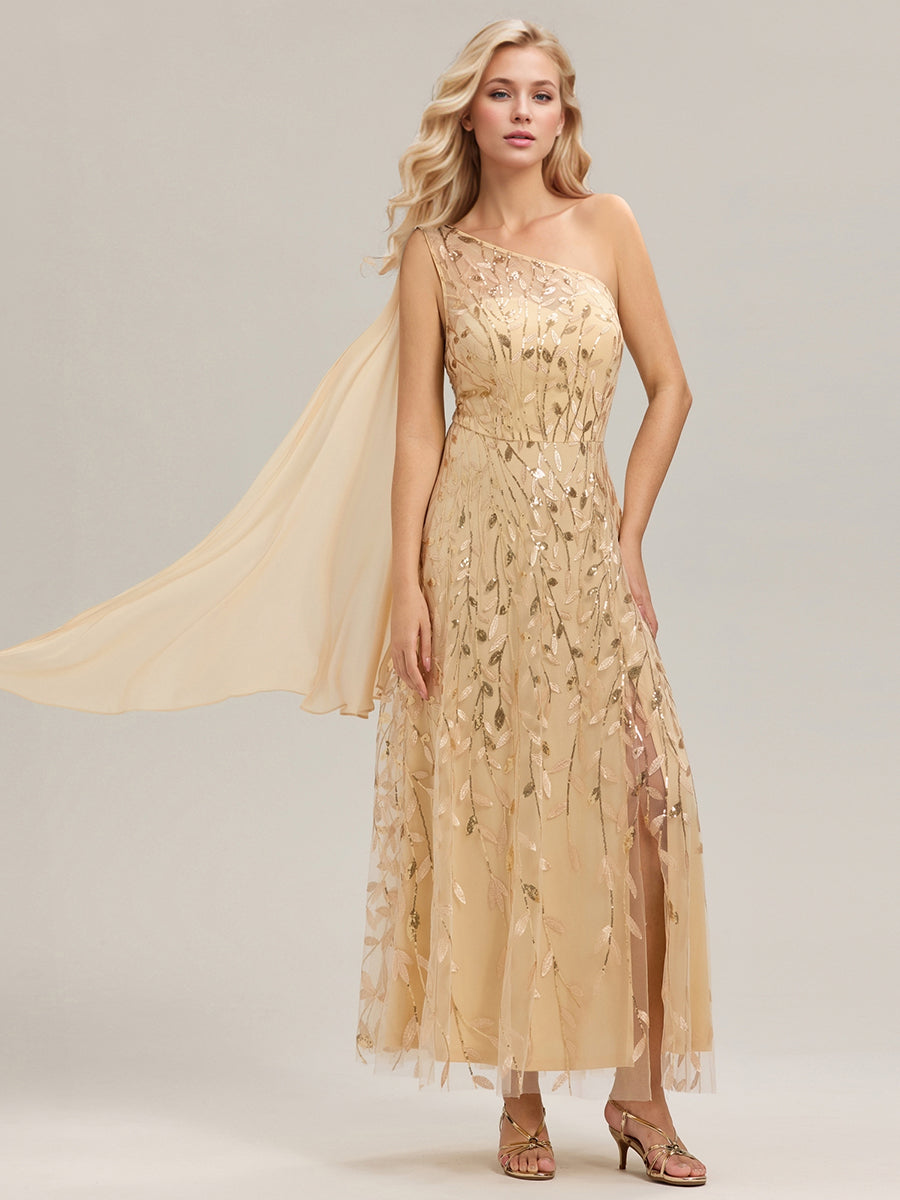 Flowing Ribbons One Shoulder Sequin Guest Dress