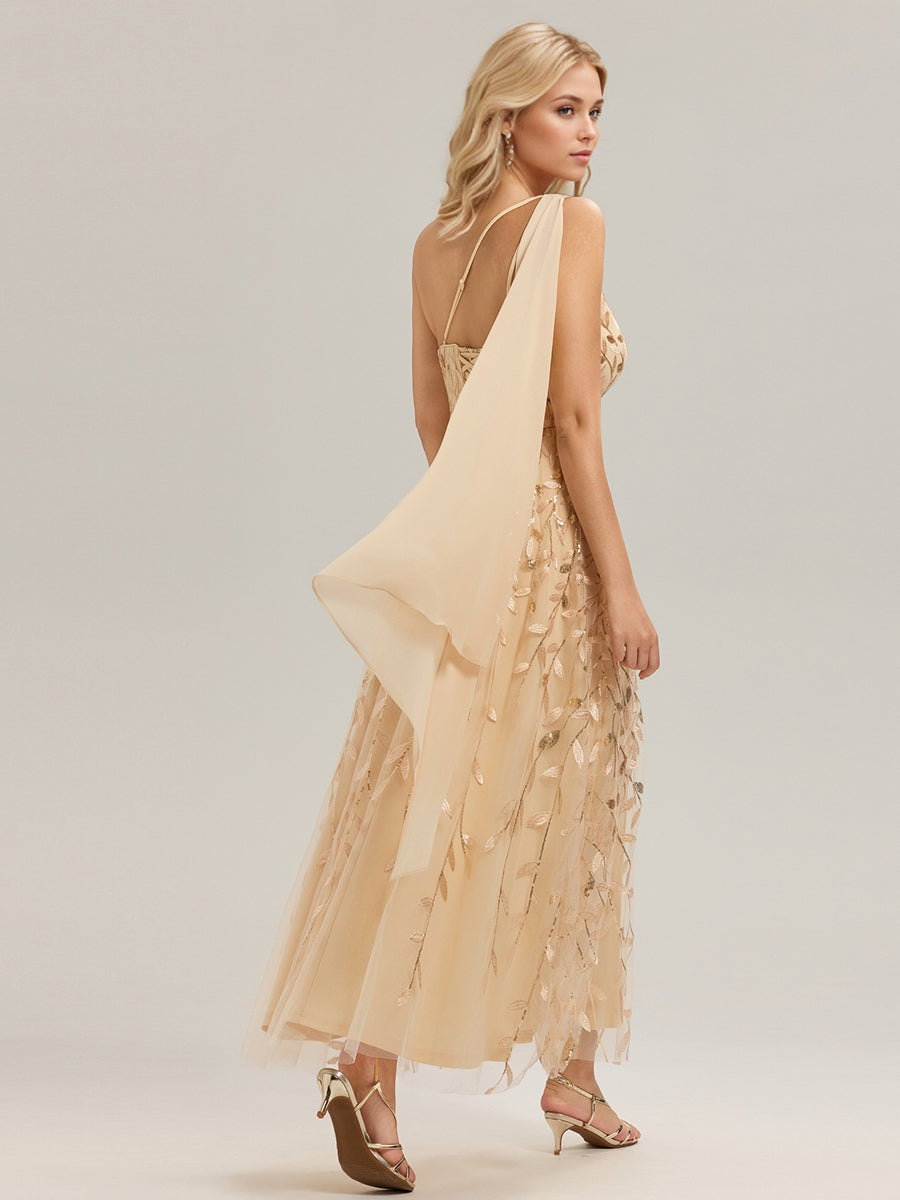Flowing Ribbons One Shoulder Sequin Guest Dress