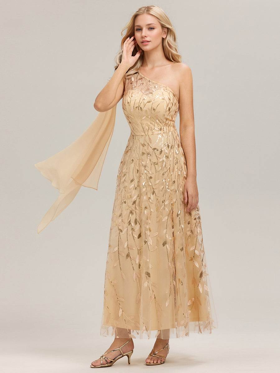 Flowing Ribbons One Shoulder Sequin Guest Dress