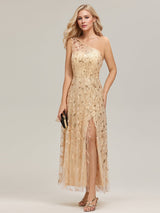Flowing Ribbons One Shoulder Sequin Guest Dress