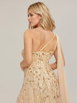 Flowing Ribbons One Shoulder Sequin Guest Dress