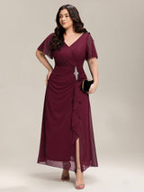 ever MARIEL|Rhinestone Embellished Chiffon Ruffle Sleeve Evening Dress