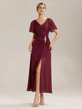 ever MARIEL|Rhinestone Embellished Chiffon Ruffle Sleeve Evening Dress