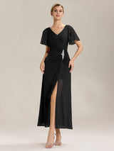 ever MARIEL|Rhinestone Embellished Chiffon Ruffle Sleeve Wedding Guest Dresses