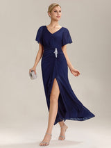 ever MARIEL|Rhinestone Embellished Chiffon Ruffle Sleeve Wedding Guest Dresses