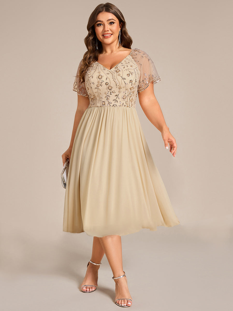 Embroidered Sequin Sheer Sleeve Evening Dress