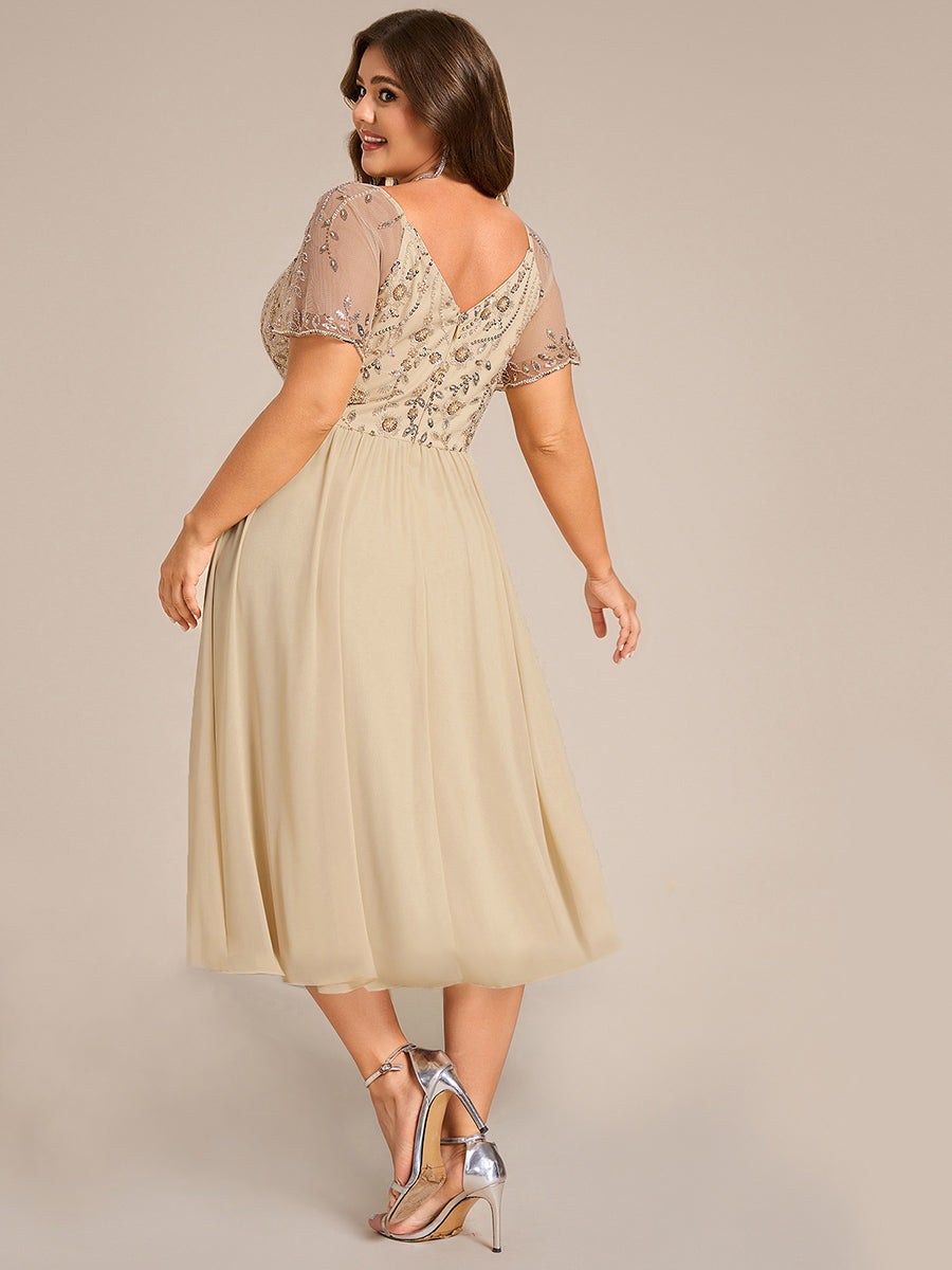 Embroidered Sequin Sheer Sleeve Evening Dress