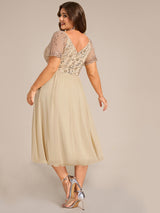 Embroidered Sequin Sheer Sleeve Evening Dress