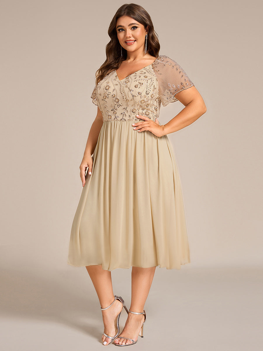 Embroidered Sequin Sheer Sleeve Evening Dress