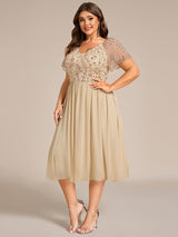Embroidered Sequin Sheer Sleeve Evening Dress