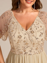 Embroidered Sequin Sheer Sleeve Evening Dress