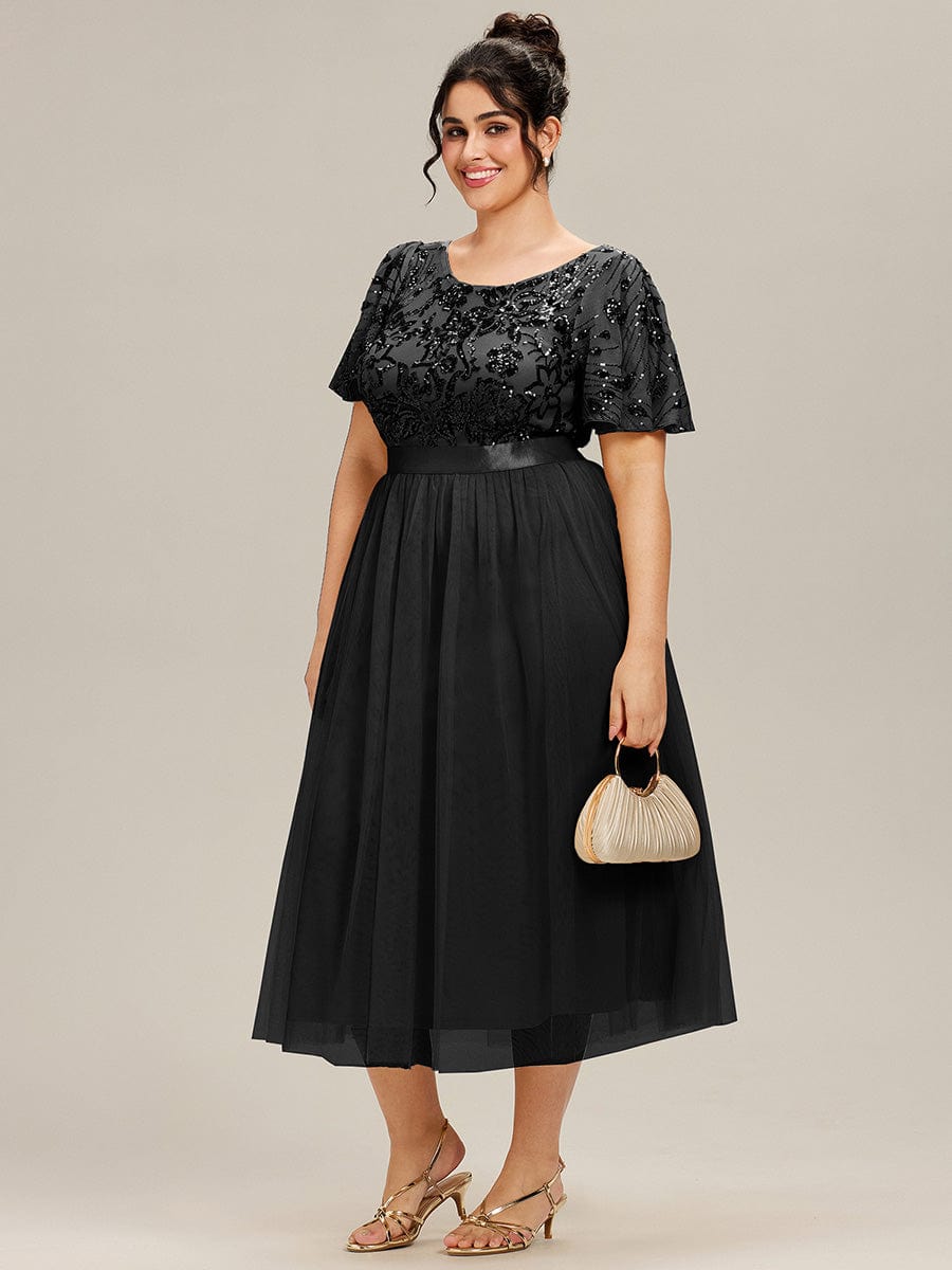 ever COOPER|Round Neck Sequin Ruffle Sleeve Evening Dress