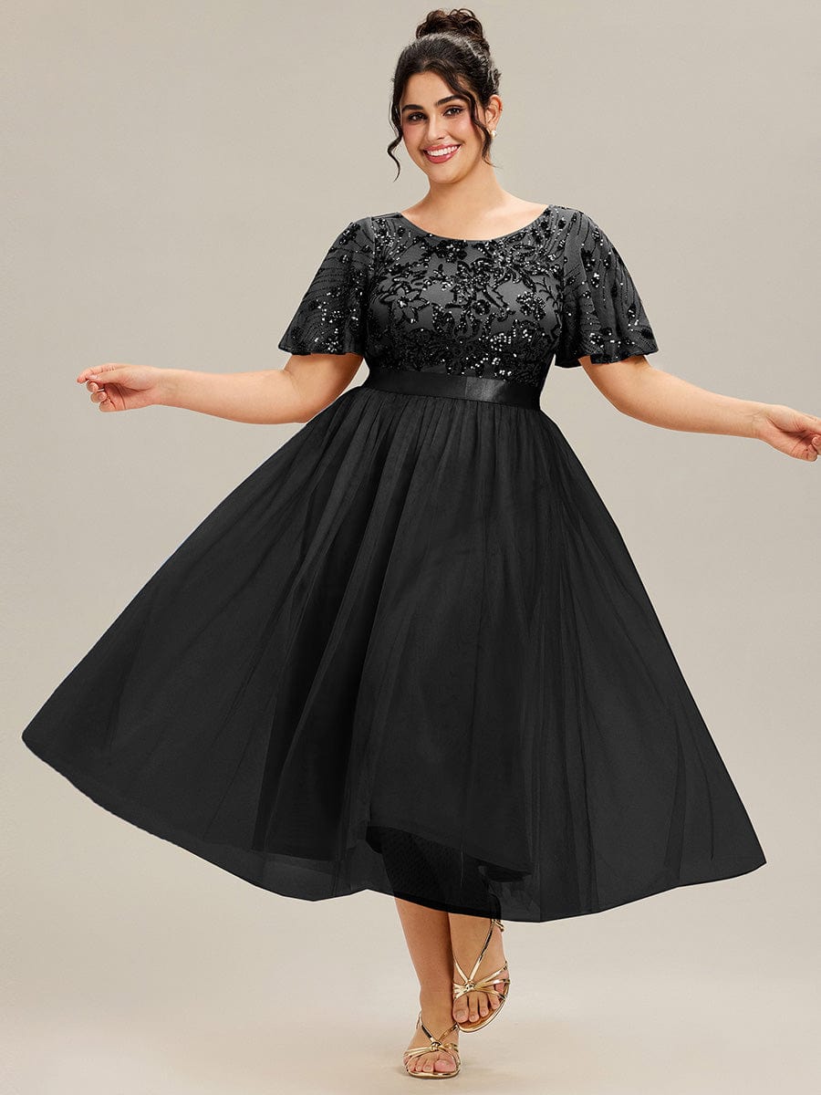 ever COOPER|Round Neck Sequin Ruffle Sleeve Evening Dress