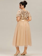 ever COOPER|Round Neck Sequin Ruffle Sleeve Evening Dress