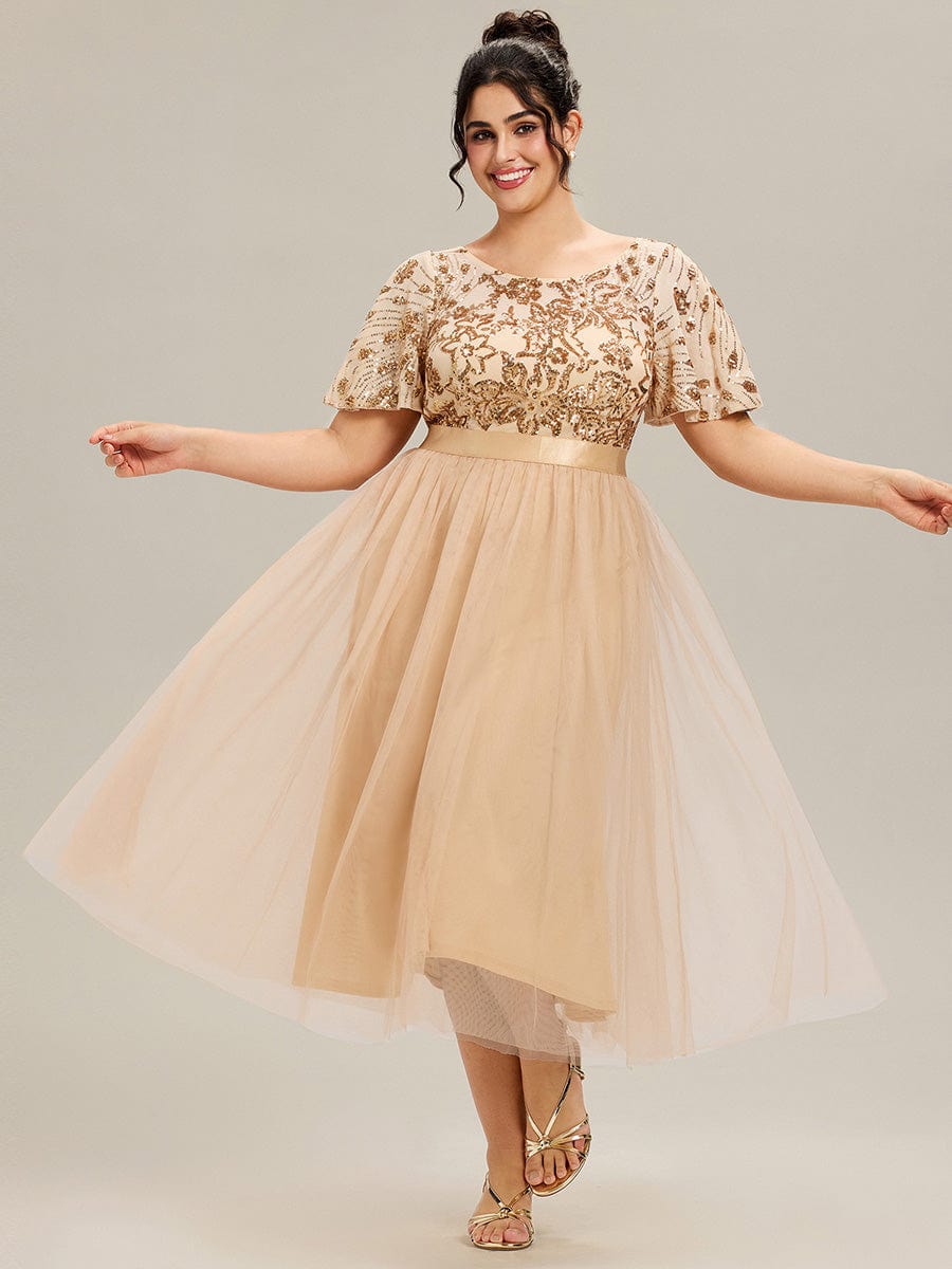 ever COOPER|Round Neck Sequin Ruffle Sleeve Evening Dress