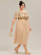 ever COOPER|Round Neck Sequin Ruffle Sleeve Evening Dress